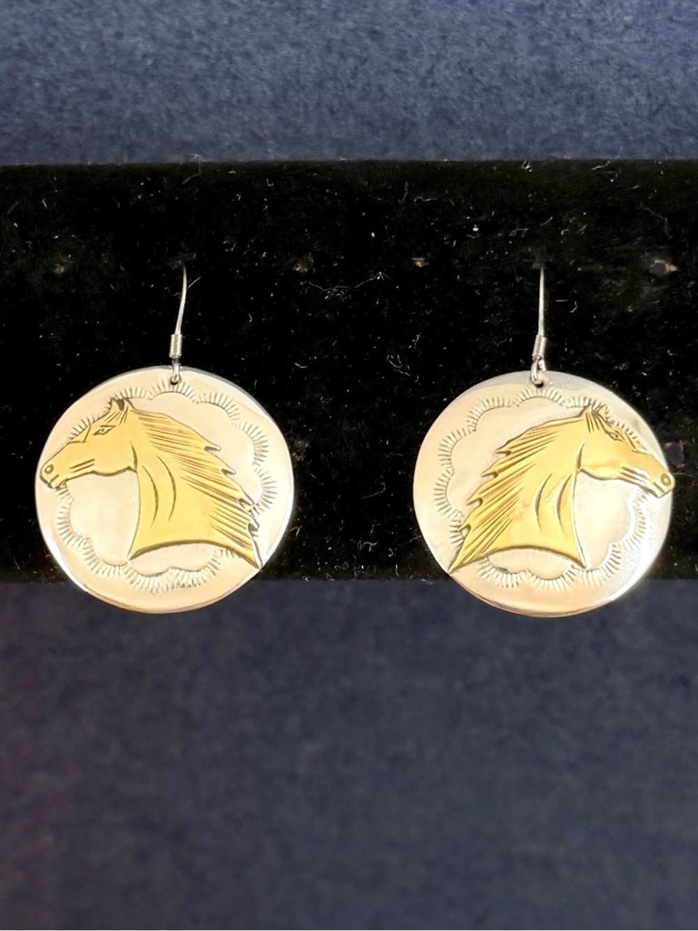 VIRGIL REEDER - Navajo Sterling Silver Gold Horse Mustang Concho Disc Earrings*